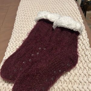 Cozy Fuzzy Maroon Slipper Socks with White Cuffs